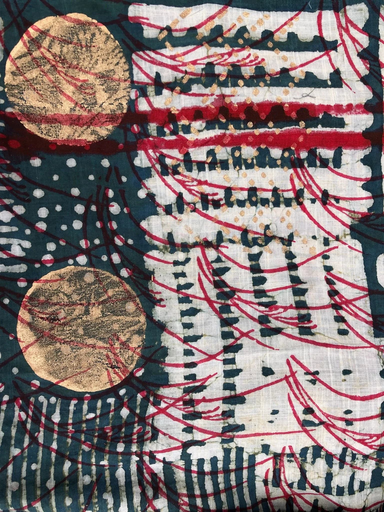 Red and teal abstract block print