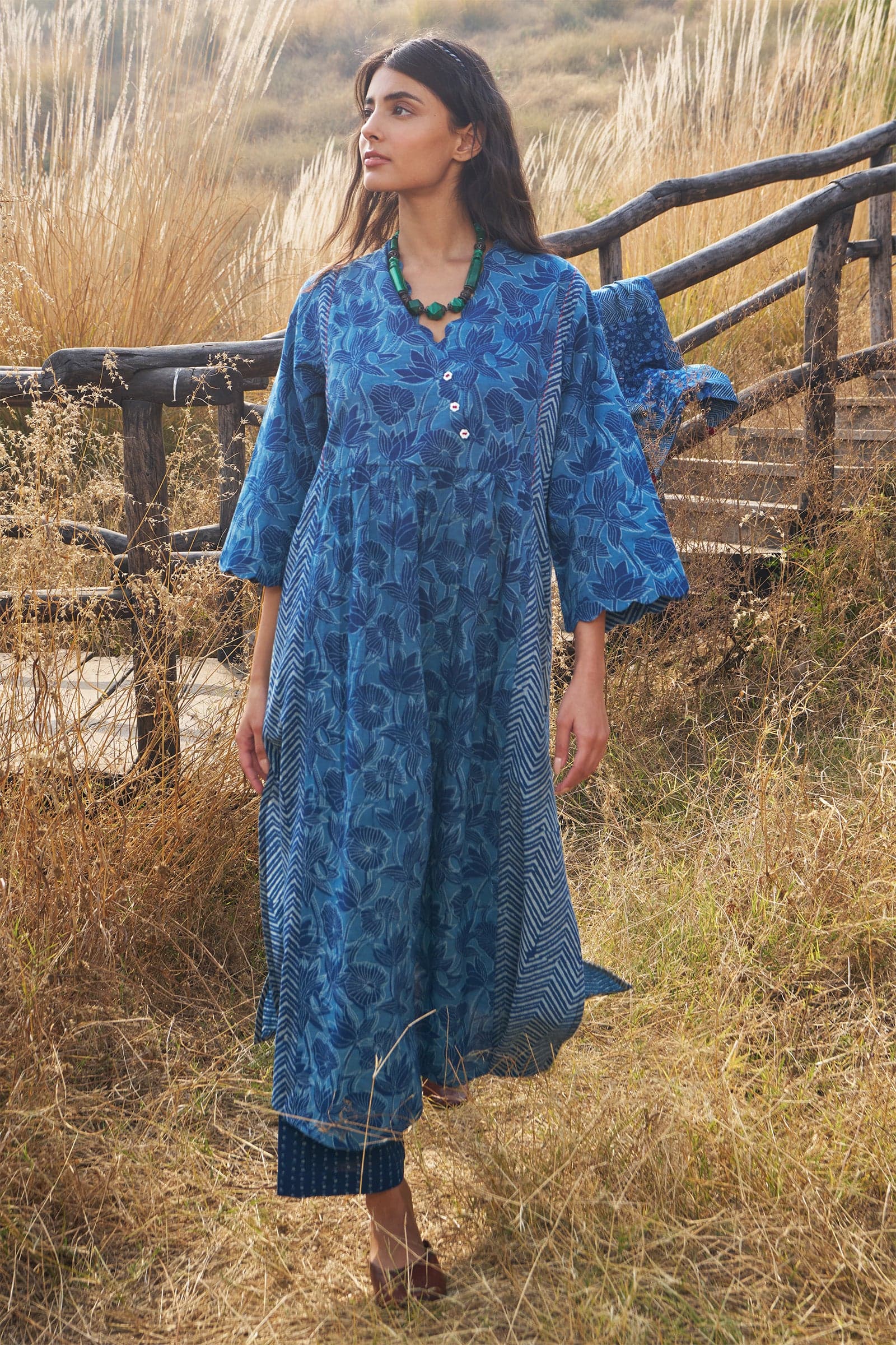 Dharan Indigo Scallop Kurta — Back 2 Basic collection, hand block printed